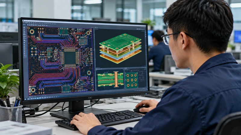 PCB engineer reviewing circuit routing and multilayer board stackup on a computer monitor.