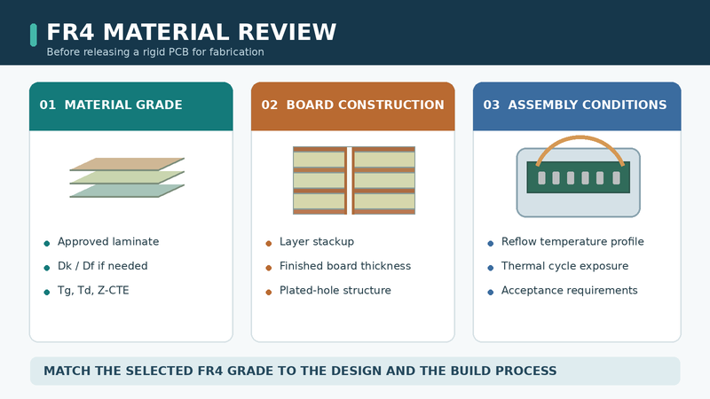 FR4 material review checklist covering laminate specifications, PCB construction, and assembly conditions.