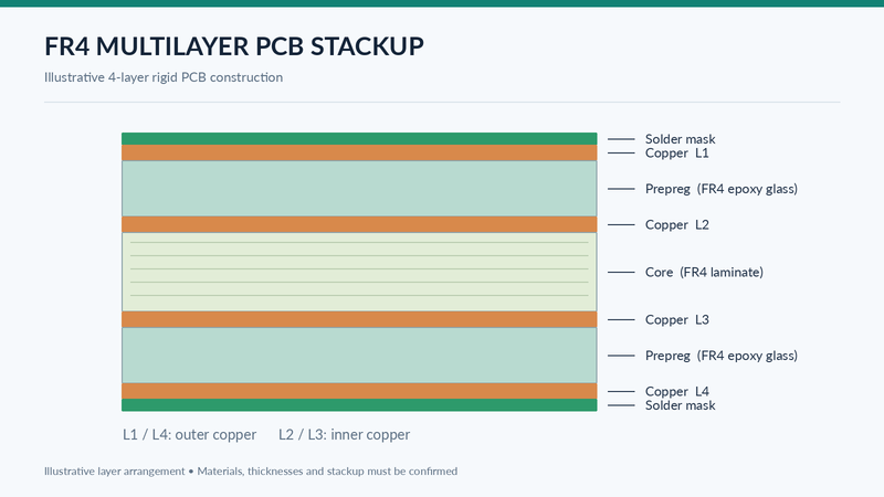 Four-layer PCB stackup diagram showing copper layers, FR4 core, prepreg, and solder mask.