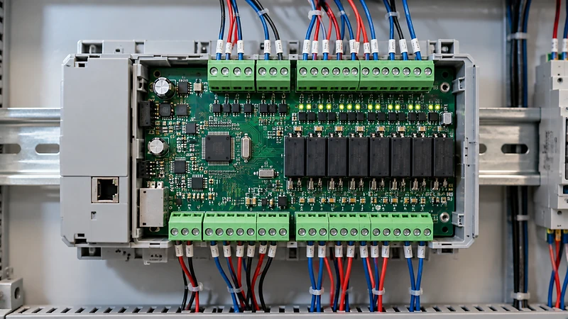 Industrial PLC control module with relays, terminal blocks, electronic components, and connected wiring.