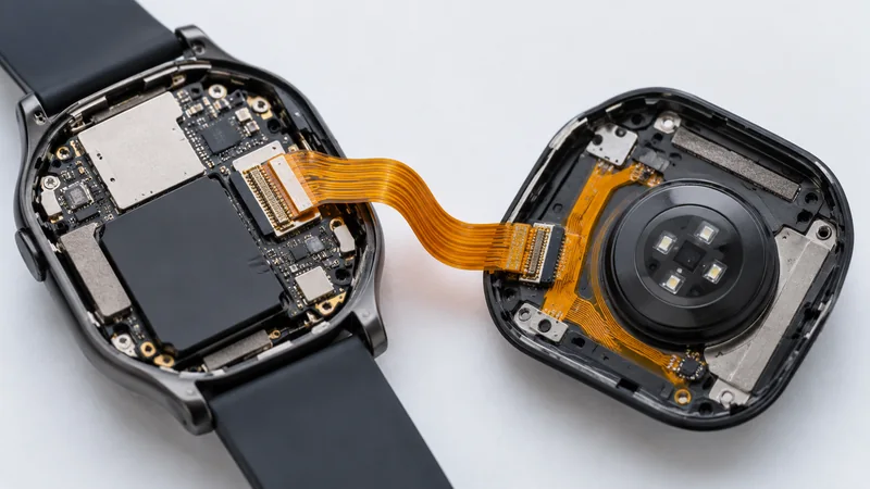 This shows flexible PCBs and interconnections within a smart watch.