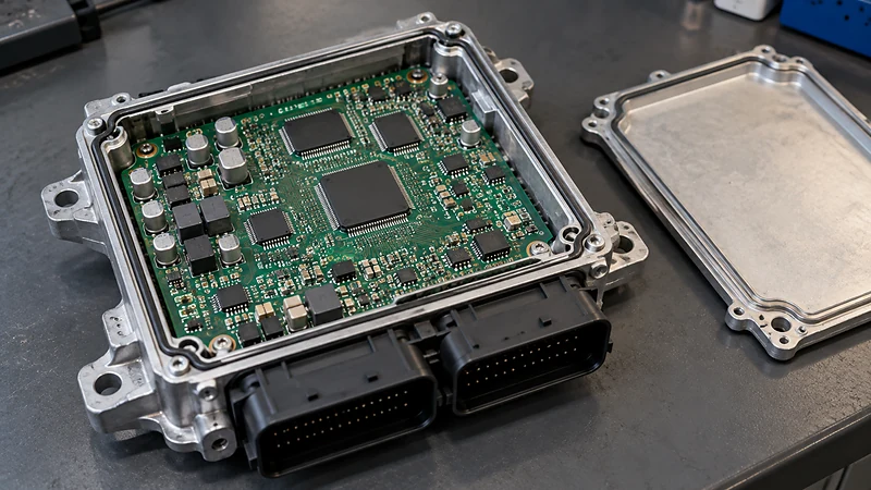 Open automotive electronic control unit showing a circuit board mounted inside an aluminum housing with multipin connectors.