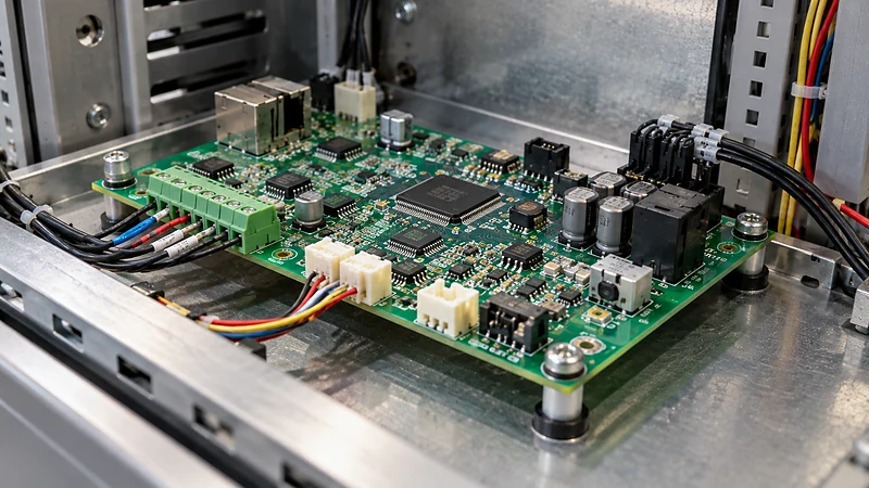 Rigid PCB mounted on metal supports inside an industrial control enclosure, carrying electronic components and connectors.