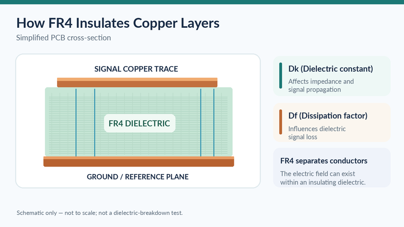 PCB cross-section showing an FR4 dielectric layer insulating a copper signal trace from a reference plane.