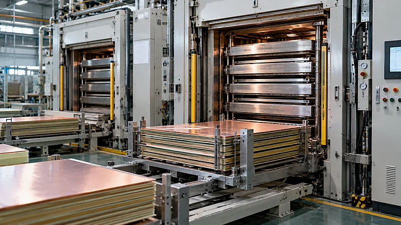 Multilayer PCB lamination press with stacked copper-clad panels in an industrial manufacturing setting.