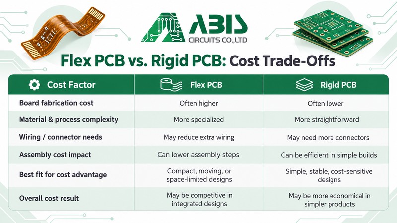 Flex PCB vs. rigid PCB cost comparison chart showing differences in fabrication costs, material complexity, wiring, assembly costs, and overall cost advantages.