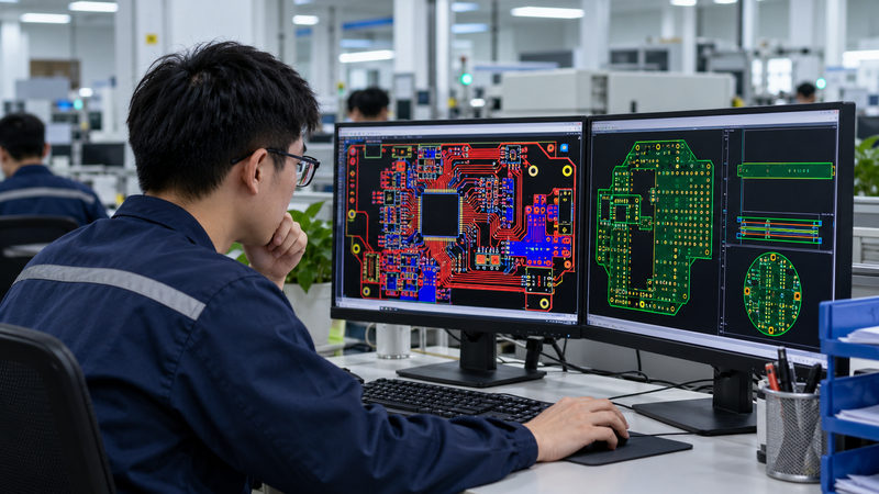 A PCB & PCBA engineer is doing DFM review to check the availability, specifications and potential problems of gerber files from customers.